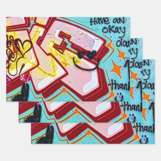 グラフィティブルーピンクアーバン通りウォールアート ラッピングペーパーシート (セット)