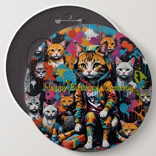 グラフィティレジェンド通り猫ハッピーバースデー名 缶バッジ (正面&裏面)