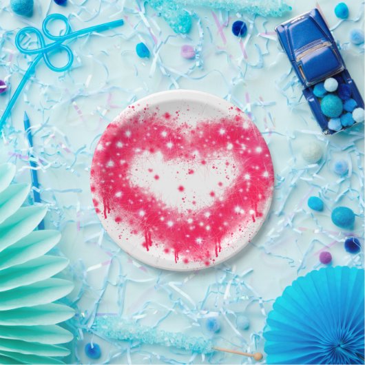 グラフィティ絵を描スプピンクきらめくハートデザイン ペーパープレート (パーティー)