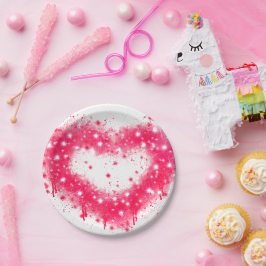 グラフィティ絵を描スプピンクきらめくハートデザイン ペーパープレート (パーティー)