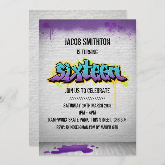 グラフィティ絵を描16誕生日招待状 招待状 (正面/裏面)