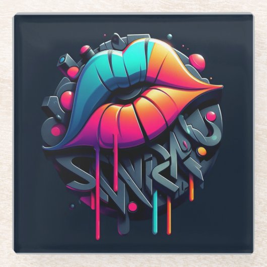 グラフィティ鮮やかスタイルリップカラフル ガラスコースター (正面)