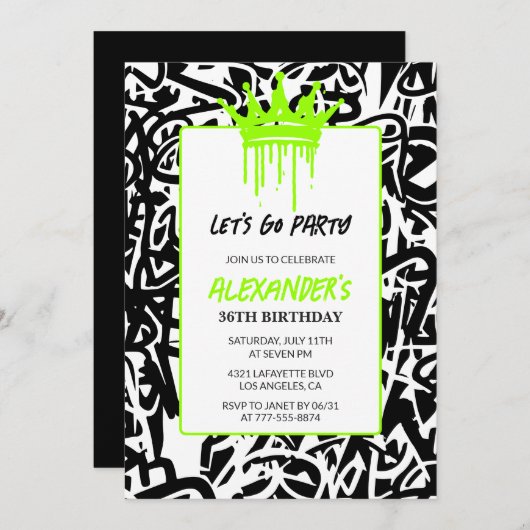 グラフィティ36th誕生日の招待状ヒップホップクラウン 招待状 (正面/裏面)