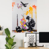 グラフィティ・ソルジャー&フラワーズ – 平和な抗議アート ポスター (ホームオフィス)