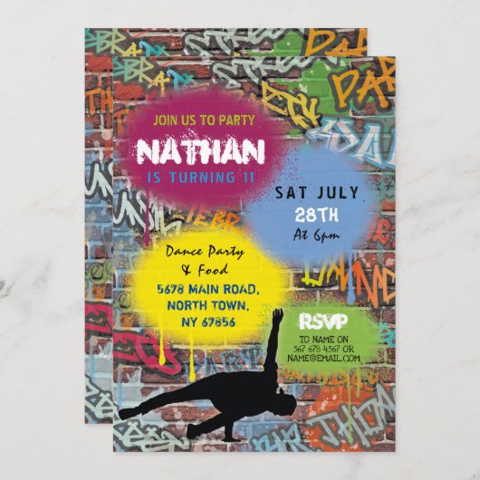 グラフィティ・バースデー・パーティー・アート・ダンス・スプ絵を描レー 招待状 (正面/裏面)