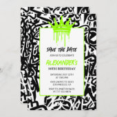 グラフィティ ブラック グリーン 30歳の誕生日 保存日 招待状 (正面/裏面)