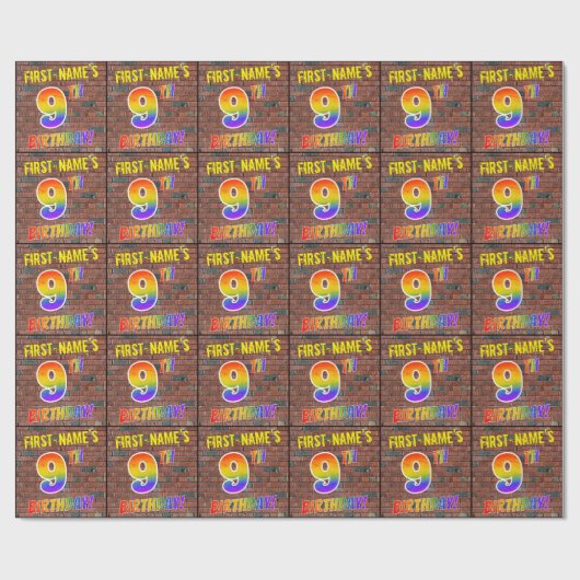 グラフィティ レインボー 9歳の誕生日おめでとう!& オーダーメイド ネーム ラッピングペーパー (フラット)