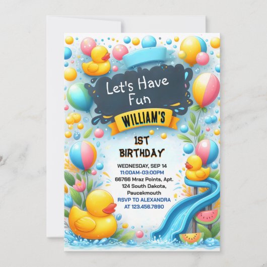 グラフスプラッシュバブル夏のアヒルのフォーム1st誕生日 招待状 (正面)