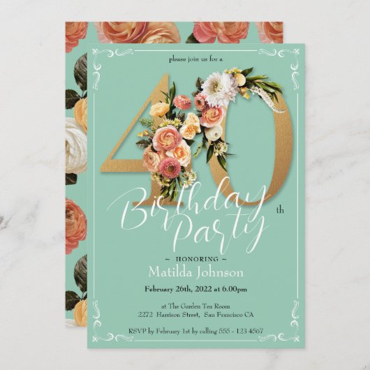グラマかわいらしラス金ゴールドミントフローラ40歳の誕生日 招待状 (正面/裏面)