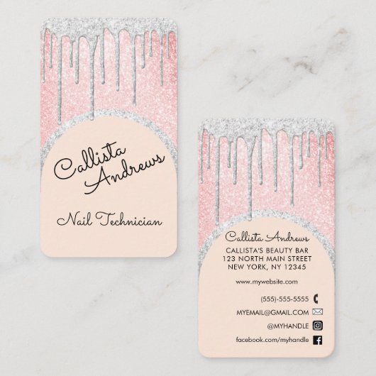 グラマラスきらきら光るピンクホワイトグリッタードリップス爪、 ネイルテック 名刺 (正面/裏面)