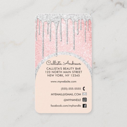 グラマラスきらきら光るピンクホワイトグリッタードリップス爪、 ネイルテック 名刺 (裏面)