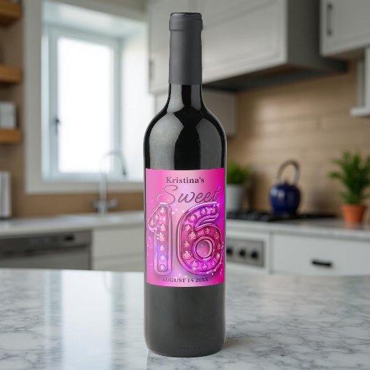 グラマラスきらめくホットピンクジェムストーンスウィート16 ワインラベル