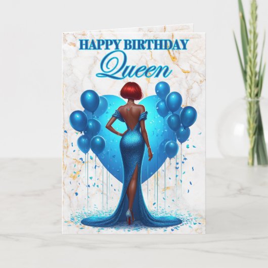 グラマラスなアフリカ系アメリカ人の女性ブルー誕生日 カード (正面)