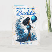 グラマラスなアフリカ系アメリカ人の女性ブルー誕生日 カード (裏面)