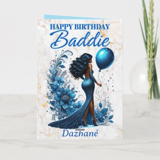 グラマラスなアフリカ系アメリカ人の女性ブルー誕生日 カード (裏面)