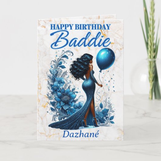 グラマラスなアフリカ系アメリカ人の女性ブルー誕生日 カード (正面)