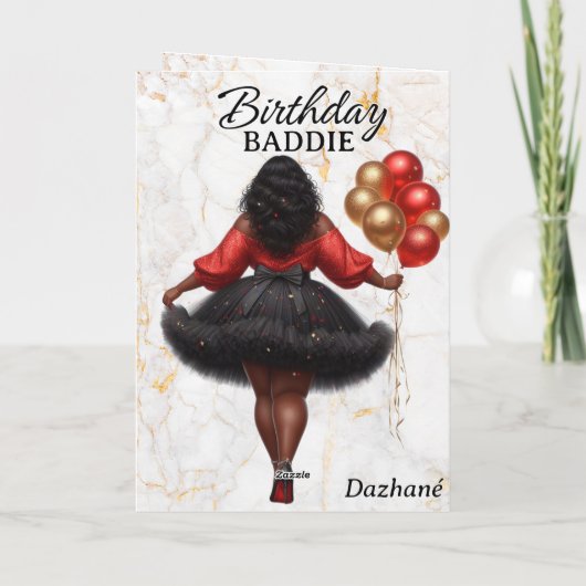 グラマラスなアフリカ系アメリカ人女性レッド誕生日 カード (裏面)