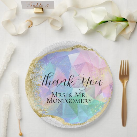 グラマラスなオパール宝石と金ゴールドオンホワイトグリッター ペーパープレート (ウェディング)