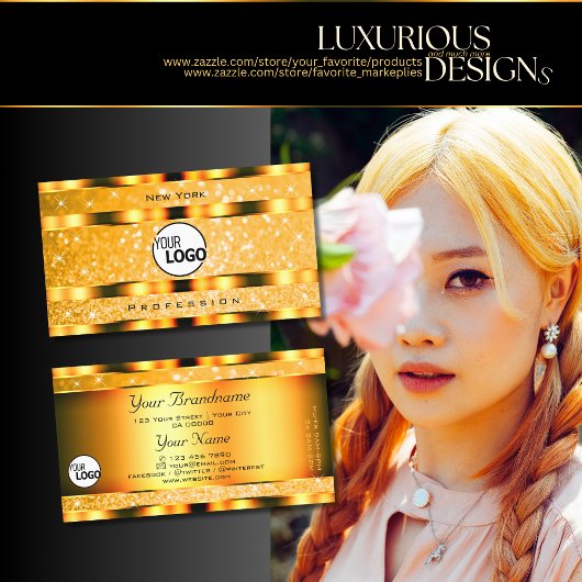 グラマラスなオレンジのスパークルグリッタースターとロゴ 名刺