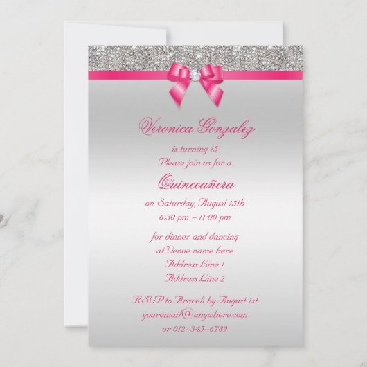 グラマラスなキンセアニラシルバーシークインズホットピンクボウ 招待状 (裏面)