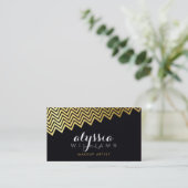 グラマラスなシェブロン模様の光沢のある金ゴールドフォイルブラック 名刺 (スタンド正面)