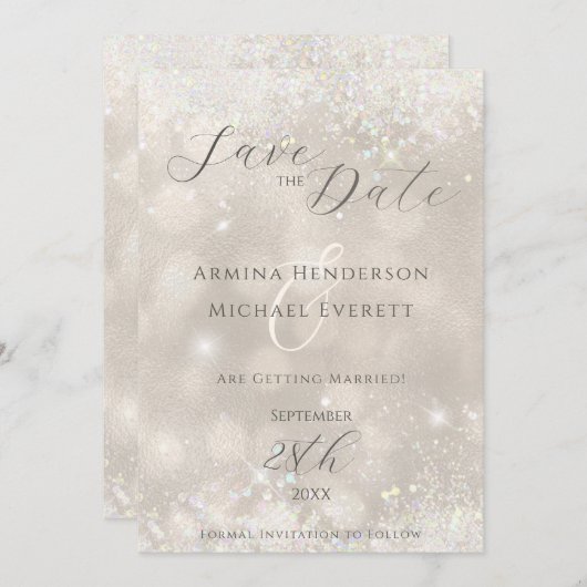 グラマラスなシャンパングリッターフォト結婚ズ セーブザデート (正面/裏面)