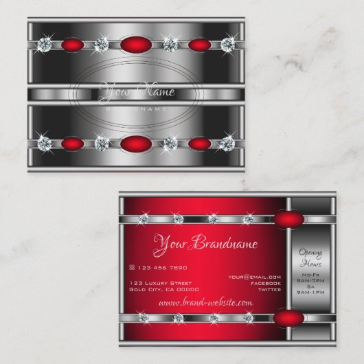 グラマラスなシルバーエフェクト赤とフェイク宝石 名刺 (正面/裏面)