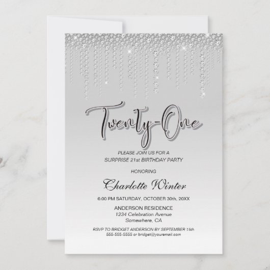 グラマラスなシルバーダイヤモンドサプライズ21歳の誕生日 招待状 (正面)