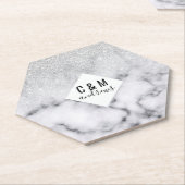 グラマラスなシルバーホワイトグリッター大理石グラデーション ペーパーコースター (アングル)