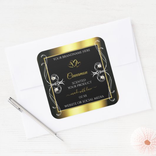 グラマラスなダイアモンブラック金ゴールドデコール製品ラベル スクエアシール (封筒)