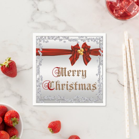 グラマラスなダイヤモンドと赤シルキーサッシュバッシュクリスマス スタンダードカクテルナプキン (インサイチュ)