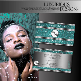 グラマラスなティール（緑がかった色）グリッタースター追加ロゴシルバーデコール 名刺