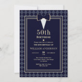 グラマラスなネイビーブルー&金ゴールドタキシードの節目の時代 招待状 (正面)