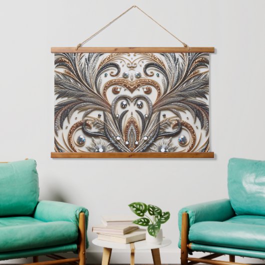 グラマラスなバロックデザインとグリッター&宝石 吊り下げ型タペストリー (リビング)