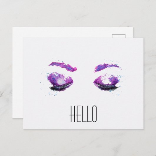 グラマラスなパープルアイズ&ブロウズウォーターカラーハロー ポストカード (正面/裏面)