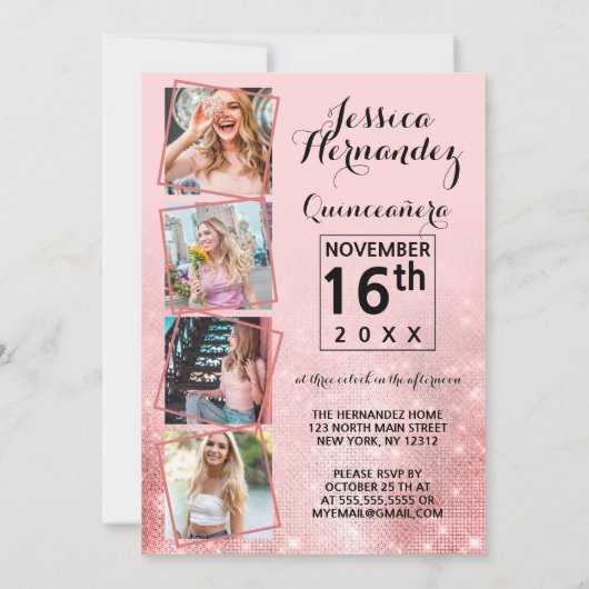 グラマラスなピンクのグリッターシークンズ写真キンセアニラ 招待状 (裏面)