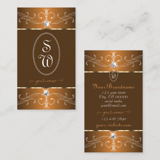 グラマラスなブラウンオレンジ華美オーナメントモノグラム 名刺 (正面/裏面)