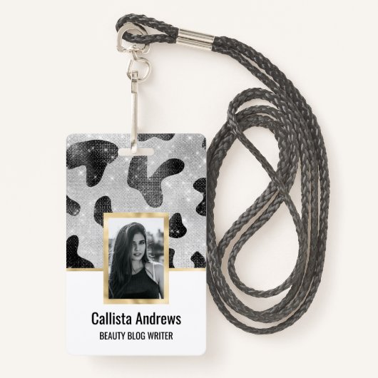 グラマラスなブラックスパークリーグリッターシークインズカウズプリント バッジ (正面ランヤード)