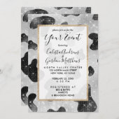 グラマラスなブラックスパークリーグリッターシークインズカウズプリント 招待状 (正面/裏面)