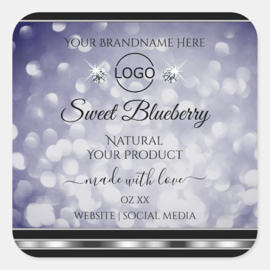 グラマラスなブルーグリッター製品ラベルダイヤモンドロゴ スクエアシール (正面)