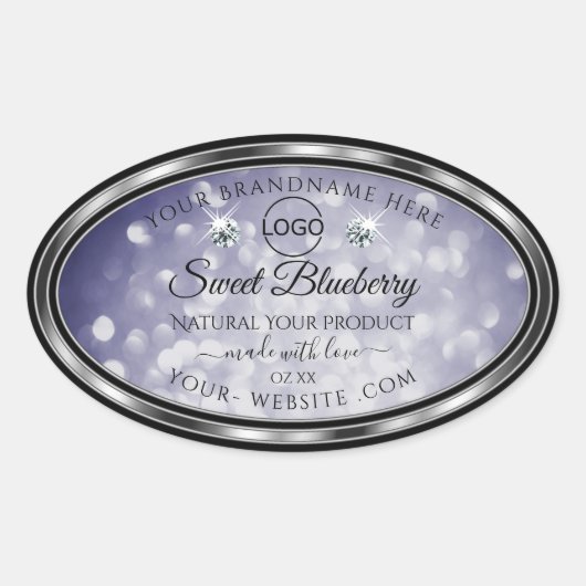 グラマラスなブルーグリッター製品ラベルダイヤモンドロゴ 楕円形シール (正面)