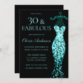 グラマラスなミントティール(緑がかった色)ドレスファブラス30th誕生日 招待状 (正面/裏面)