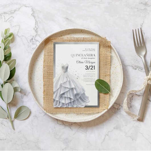 グラマラスなルックスシルバーグリッターとフォイルフォーマルドレス サンキューカード