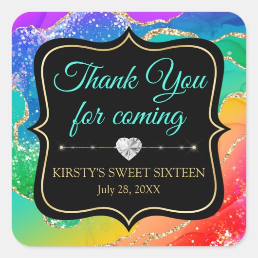 グラマラスなレインボーアルコールインクアゲートスウィート16 スクエアシール (正面)