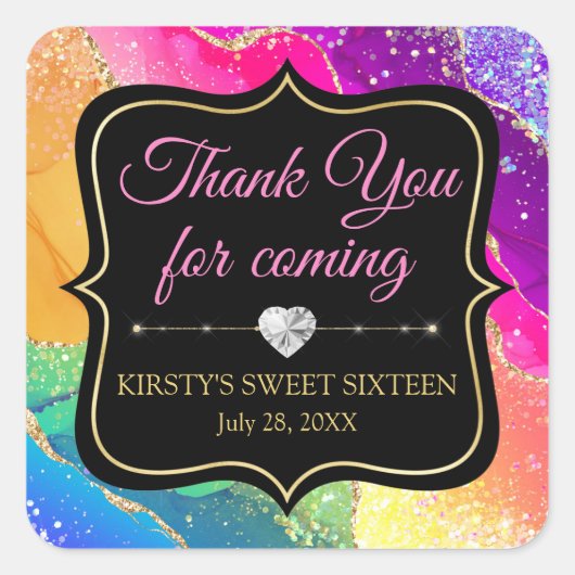 グラマラスなレインボーアルコールインクアゲートスウィート16 スクエアシール (正面)