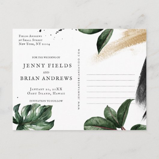 グラマラスな夏の結婚緑 |日付の保存 案内ポストカード (裏面)