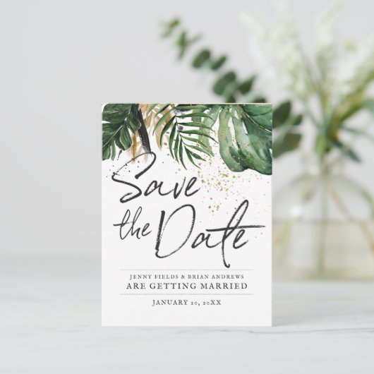 グラマラスな夏の結婚緑 |日付の保存 案内ポストカード (スタンド正面)