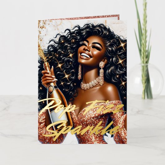 グラマラスな女性ポピンシャンパーニュ誕生日 箔グリーティングカード (正面)