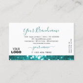 グラマラスな白とティール(緑がかった色)スパークルグリッターとロゴ 名刺 (裏面)