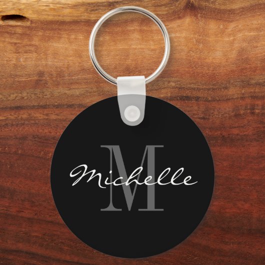 グラマラスな白黒の名前モノグラムのキーチェーン キーホルダー (正面)